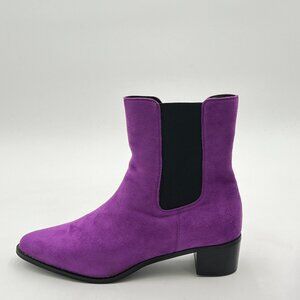 Purple Suede Women Pointed Toe Chunky Heel Pull On Ankle Boot Comfy Winter Boot